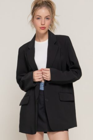 Tailored Notched-Collar Blazer with Front Button – Black