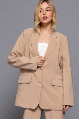 Notched-Collar Blazer with Front Button – Taupe