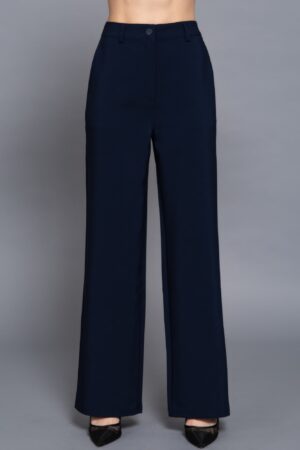 Straight Woven Long Pants with Back Elastic – Navy