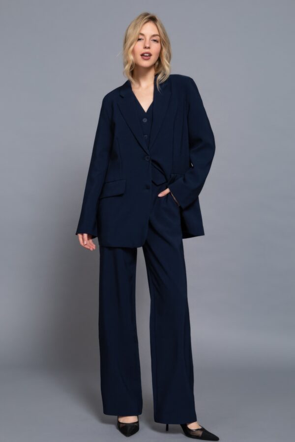 Straight Woven Long Pants with Back Elastic – Navy