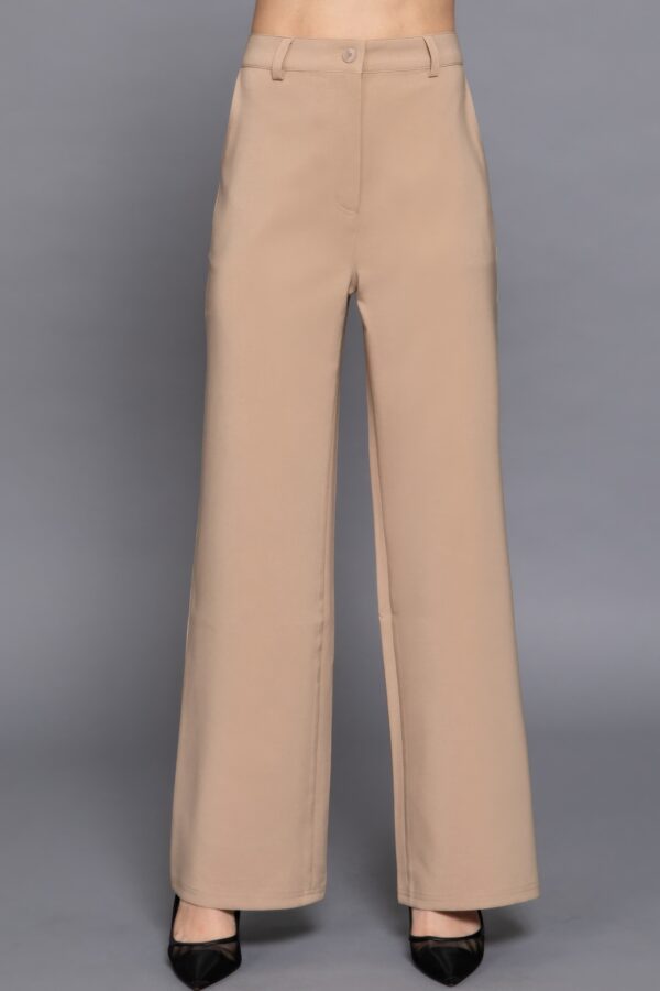 Straight Woven Long Pants with Back Elastic – Taupe