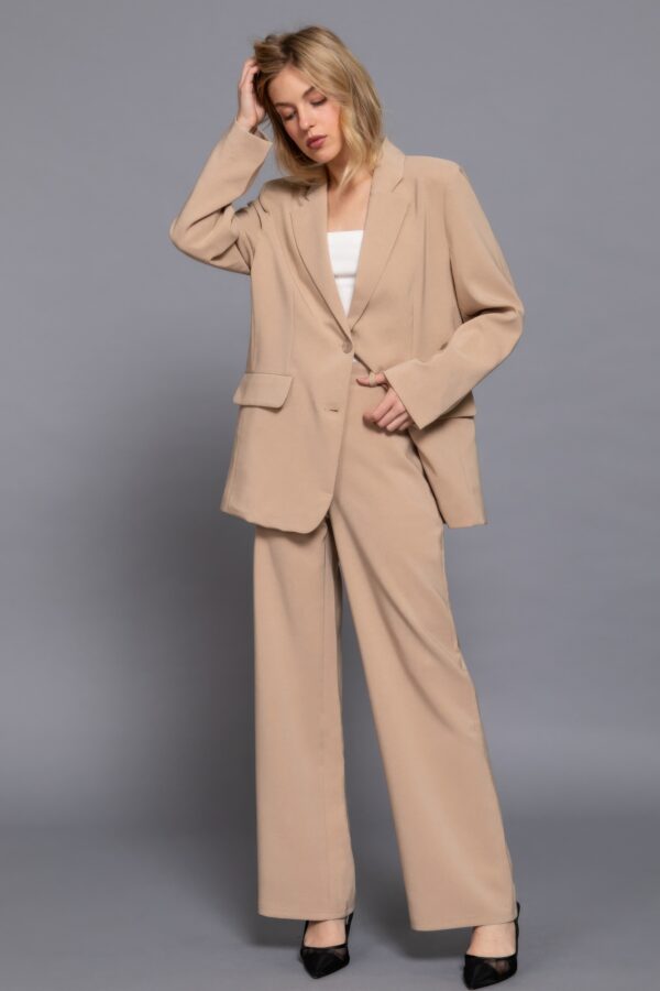 Straight Woven Long Pants with Back Elastic – Taupe