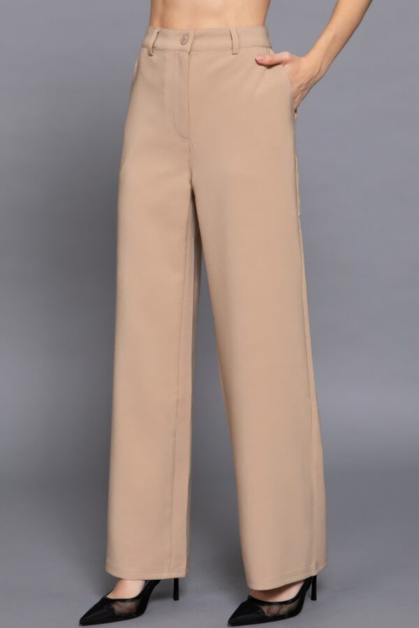 Straight Woven Long Pants with Back Elastic – Taupe