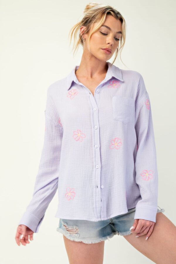 Cotton Gauze Button-Down with Embroidered Pocket – Lavender