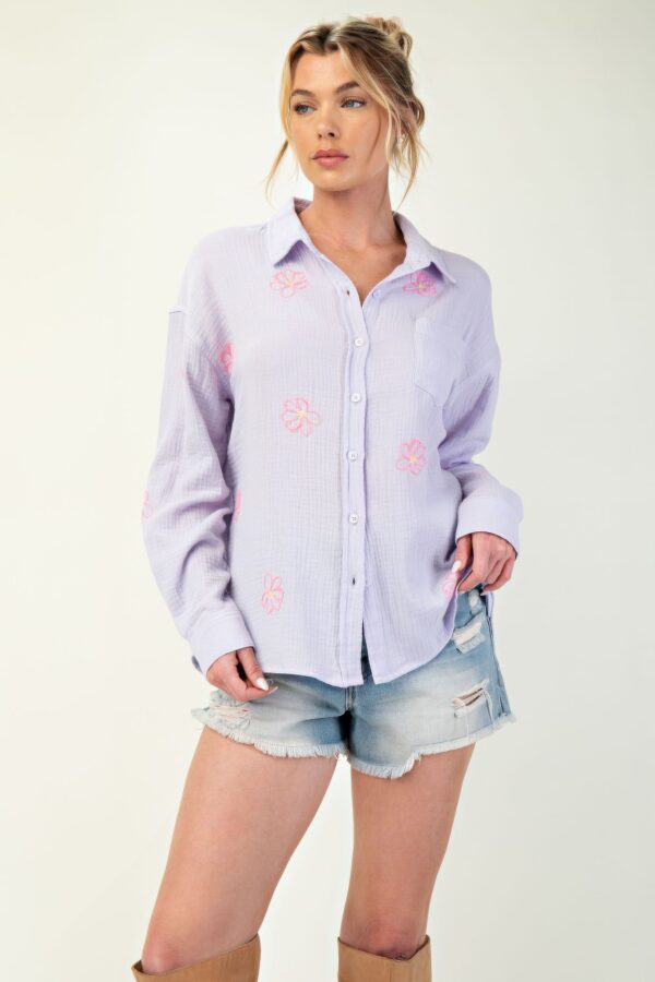 Cotton Gauze Button-Down with Embroidered Pocket – Lavender