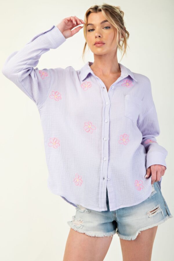 Cotton Gauze Button-Down with Embroidered Pocket – Lavender