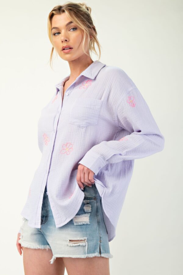 Cotton Gauze Button-Down with Embroidered Pocket – Lavender