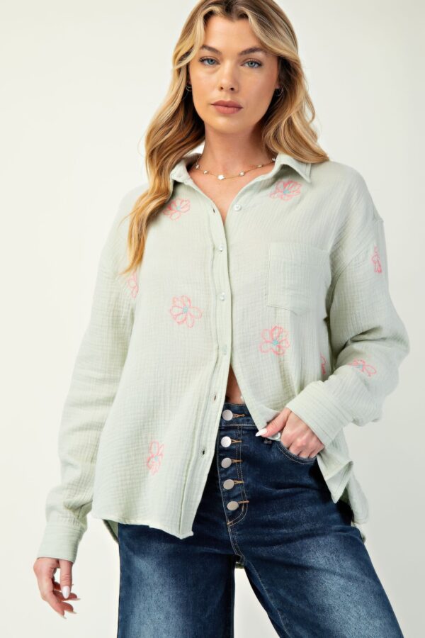 Cotton Gauze Button-Down with Floral Embroidery – Sage