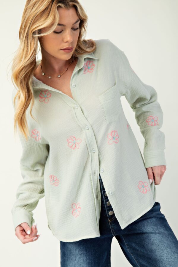 Cotton Gauze Button-Down with Floral Embroidery – Sage