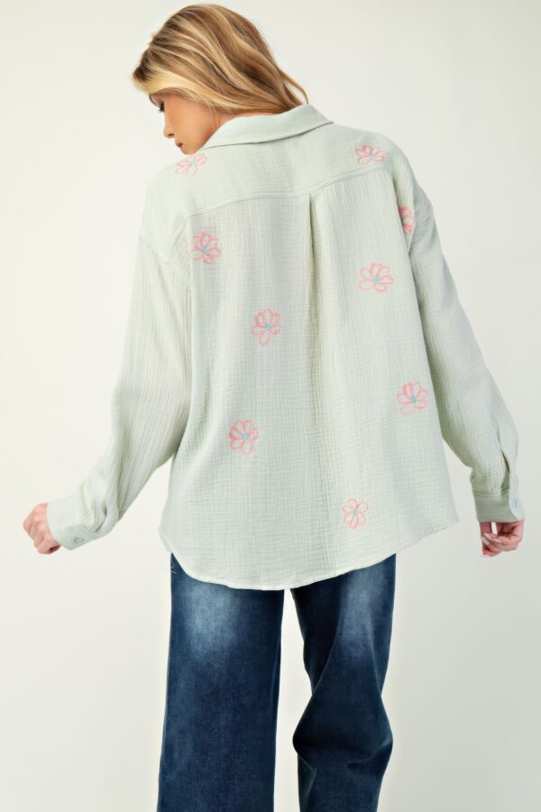 Cotton Gauze Button-Down with Floral Embroidery – Sage