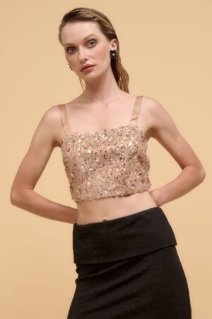 Rose Gold Floral Sequin Crop Top – Straight Neck