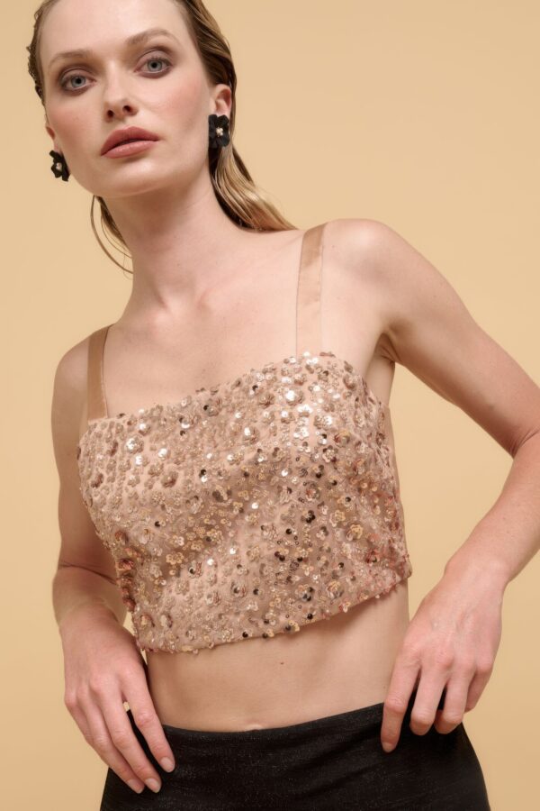 Rose Gold Floral Sequin Crop Top – Straight Neck