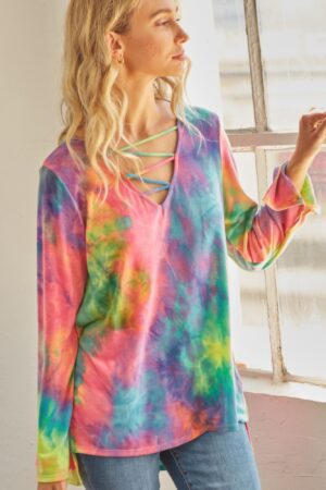 Tie-Dye Cage Hi-Low Top – V Cage Neckline