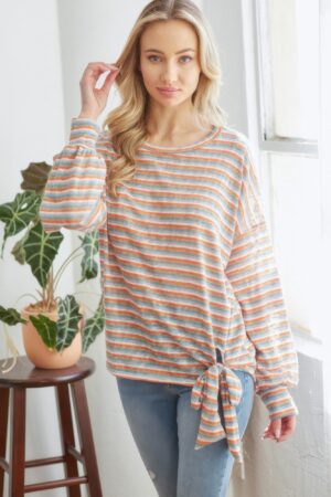 Striped Long Sleeve Top with Ribbon Tie – Orange
