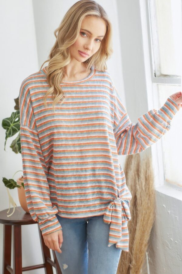 Striped Long Sleeve Top with Ribbon Tie – Orange