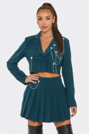 Pleated Skirt Set with Rhinestone & Chain Detail – Hunter