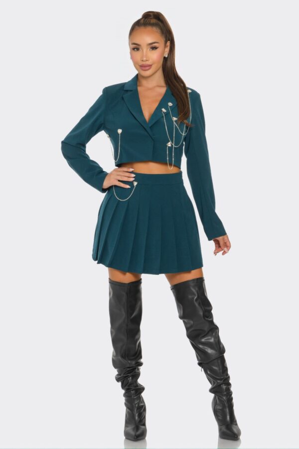 Pleated Skirt Set with Rhinestone & Chain Detail – Hunter