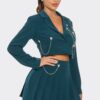Pleated Skirt Set with Rhinestone & Chain Detail – Hunter