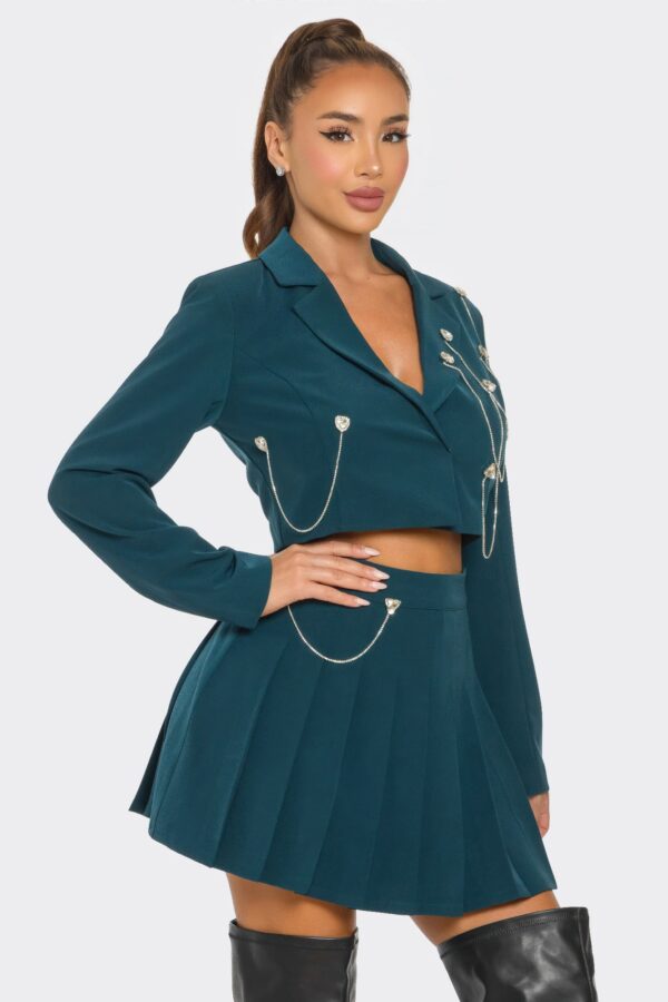 Pleated Skirt Set with Rhinestone & Chain Detail – Hunter