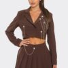 Pleated Skirt Set – Rhinestone & Chain Detail, Chocolate