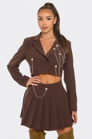 Pleated Skirt Set – Rhinestone & Chain Detail, Chocolate