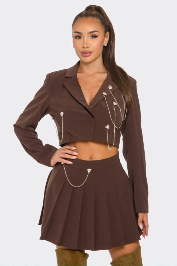 Pleated Skirt Set – Rhinestone & Chain Detail, Chocolate