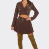 Pleated Skirt Set – Rhinestone & Chain Detail, Chocolate