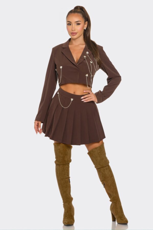 Pleated Skirt Set – Rhinestone & Chain Detail, Chocolate