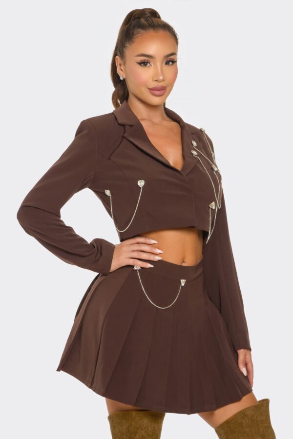 Pleated Skirt Set – Rhinestone & Chain Detail, Chocolate