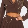 Pleated Skirt Set – Rhinestone & Chain Detail, Chocolate