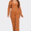 3-Piece Crop Jacket Set – Brown Cotton-Blend