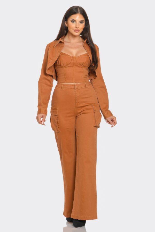 3-Piece Crop Jacket Set – Brown Cotton-Blend