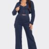 Navy Crop Jacket 3-Piece Set – Coordinated Top & Bottoms