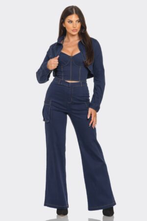 Navy Crop Jacket 3-Piece Set – Coordinated Top & Bottoms