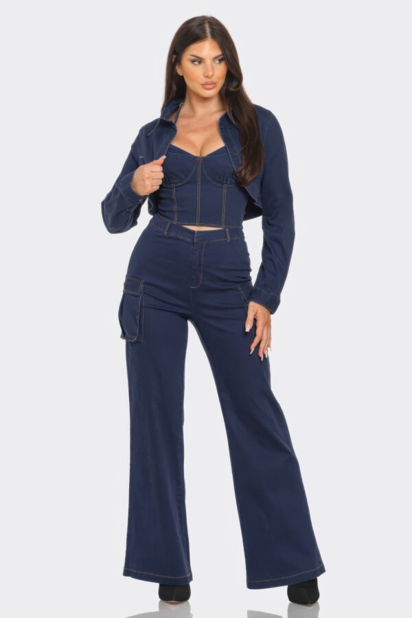 Navy Crop Jacket 3-Piece Set – Coordinated Top & Bottoms