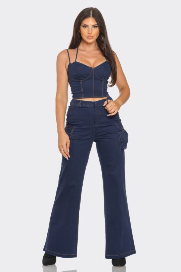 Navy Crop Jacket 3-Piece Set – Coordinated Top & Bottoms