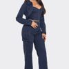 Navy Crop Jacket 3-Piece Set – Coordinated Top & Bottoms