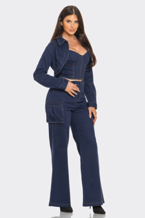 Navy Crop Jacket 3-Piece Set – Coordinated Top & Bottoms