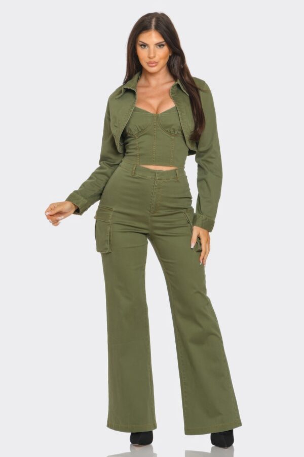 Olive Crop Jacket 3-Piece Set – Jacket, Top & Bottoms