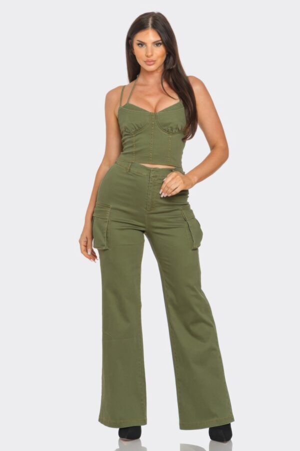 Olive Crop Jacket 3-Piece Set – Jacket, Top & Bottoms