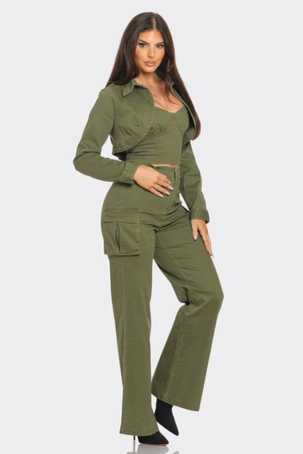 Olive Crop Jacket 3-Piece Set – Jacket, Top & Bottoms
