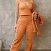 3-Piece Crop Jacket Set – Brown Cotton-Blend