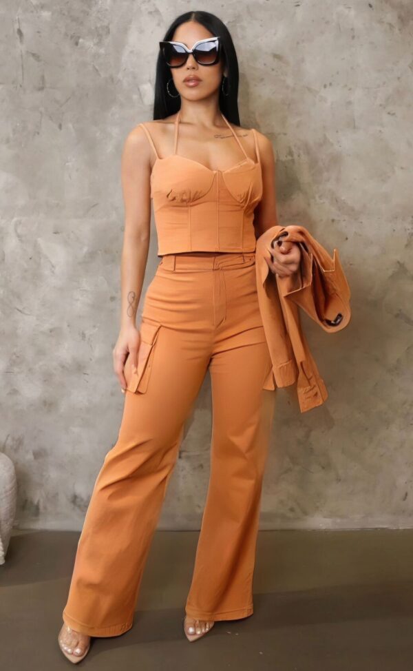 3-Piece Crop Jacket Set – Brown Cotton-Blend