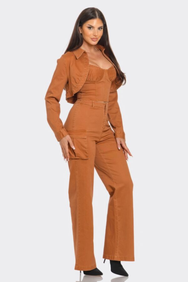 3-Piece Crop Jacket Set – Brown Cotton-Blend