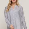 Long-Sleeve Split Round Neck Striped Woven Top – Black