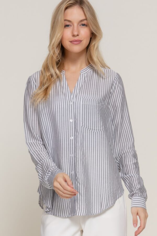 Long-Sleeve Split Round Neck Striped Woven Top – Black