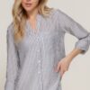 Long-Sleeve Split Round Neck Striped Woven Top – Black