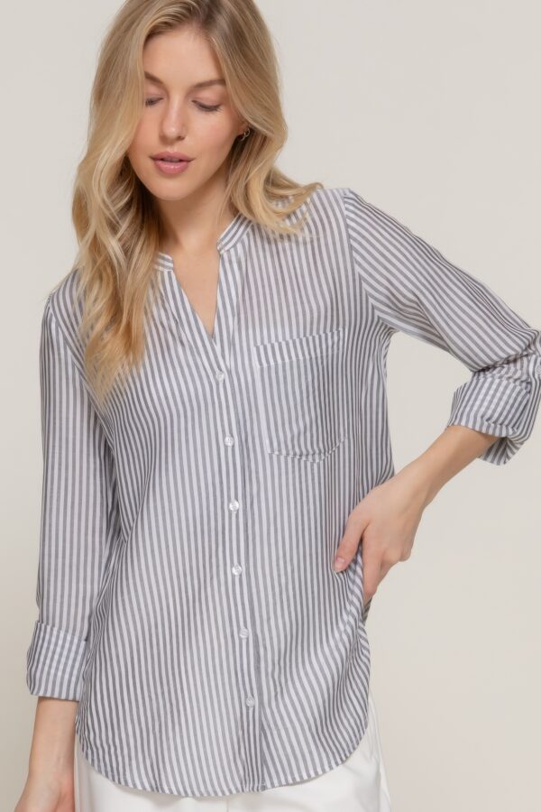 Long-Sleeve Split Round Neck Striped Woven Top – Black
