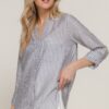 Long-Sleeve Split Round Neck Striped Woven Top – Black