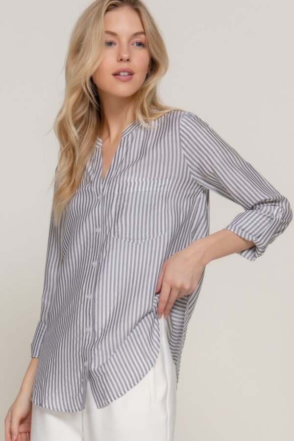 Long-Sleeve Split Round Neck Striped Woven Top – Black